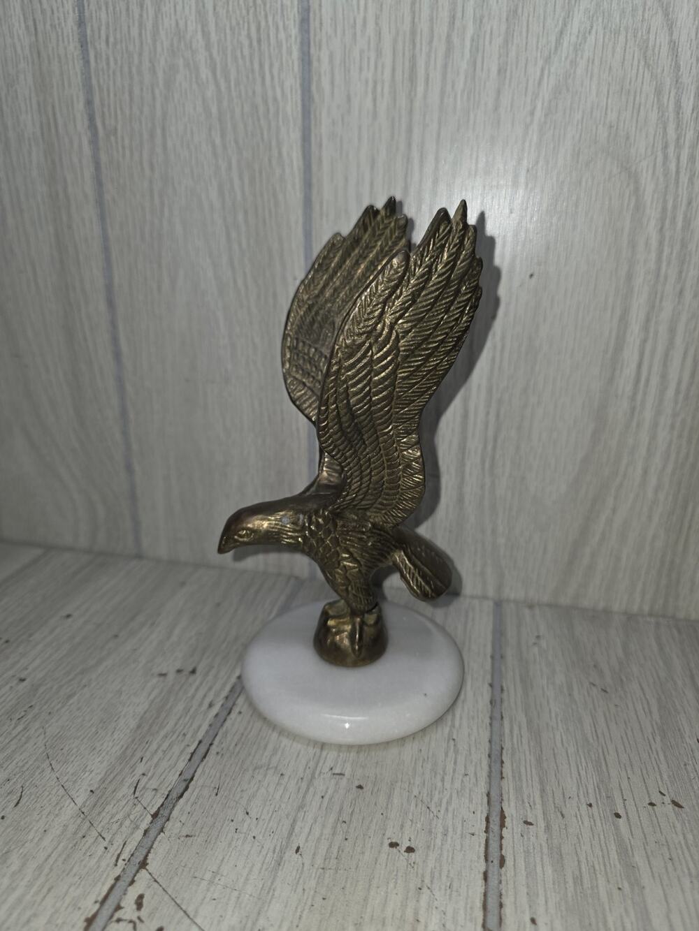 Vintage Brass Eagle Sculpture Flying Wings White Marble Base 7" Ornate USA Bird